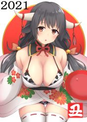 Rule 34 | 1girl, 2021, akahi242, animal print, bare shoulders, bell, bikini, black hair, blush, breasts, brown eyes, chinese zodiac, cleavage, clothing request, commentary, cow horns, cow print, hair bell, hair ornament, hair ribbon, highres, horns, large breasts, long hair, looking at viewer, low twintails, open mouth, original, ribbon, solo, swimsuit, thighhighs, translated, twintails, year of the ox