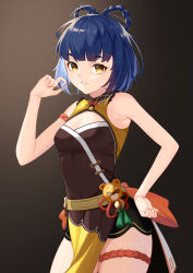 Rule 34 | 1girl, absurdres, arm strap, armpits, bare arms, bare shoulders, blue hair, braided hair rings, breasts, brown background, chinese clothes, cleavage cutout, clothing cutout, cowboy shot, darkhawkayin, dress, genshin impact, gradient background, grin, guoba (genshin impact), hair rings, highres, holding, medium breasts, red rope, rope, short shorts, shorts, sleeveless, sleeveless dress, smile, thigh strap, thighs, xiangling (genshin impact), yellow eyes