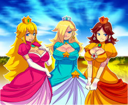 Rule 34 | 3girls, arms behind back, blonde hair, blue dress, blue eyes, breasts, brown hair, cleavage, cleavage cutout, clothing cutout, crown, dress, earrings, elbow gloves, gem, gloves, gown, hair over one eye, highres, huge breasts, jewelry, large breasts, long hair, looking at viewer, maniacpaint, mario (series), multiple girls, naughty face, nintendo, pink dress, princess, princess daisy, princess peach, rosalina, smile, super mario galaxy, super mario land, very long hair, white gloves, yellow dress