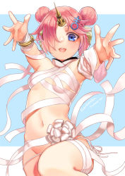 Rule 34 | 1girl, :d, bad id, bad pixiv id, bandages, blue eyes, breasts, character name, double bun, fate/grand order, fate (series), frankenstein&#039;s monster (fate), frankenstein&#039;s monster (swimsuit saber) (fate), frankenstein&#039;s monster (swimsuit saber) (third ascension) (fate), hair bun, hair ornament, hair over one eye, highres, kuune (muttey-myg), looking at viewer, naked bandage, navel, open mouth, outstretched arms, pink hair, short hair, small breasts, smile, solo