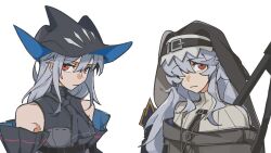 Rule 34 | 2girls, arknights, armpit crease, ascot, bare shoulders, black headwear, black straps, breasts, buttons, capelet, chest strap, chinese commentary, closed mouth, collared capelet, collared shirt, commentary request, detached sleeves, double-parted bangs, expressionless, from side, grey ascot, grey capelet, grey hair, grey shirt, habit, hair between eyes, hair over one eye, hat, hat ornament, high collar, hilt, jewelry, long hair, long sleeves, looking afar, looking to the side, medium breasts, messy hair, multiple girls, necklace, nun, off shoulder, official alternate costume, one eye covered, pale skin, parted bangs, pleated sleeves, red eyes, shadow, shirt, sidelocks, sideways glance, silencever727, simple background, skadi (arknights), skadi (elite ii) (arknights), sleeveless, sleeveless shirt, specter (arknights), staff, standing, straight hair, strap, turtleneck, turtleneck shirt, underbust, upper body, vertical-striped capelet, white background, wide sleeves