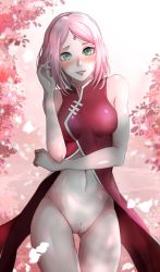 Rule 34 | 1girl, aboleuk, blush, breasts, cherry blossoms, commission, dress, elbow on arm, embarrassed, facial mark, forehead mark, full body, green eyes, hand on own face, haruno sakura, headband, highres, light blush, lips, lipstick, looking at viewer, makeup, medium breasts, naruto (series), naruto shippuuden, pink hair, pussy, red dress, shade, shadow, short hair, skinny, sleeveless, smile, solo, thigh gap, thighs, tree