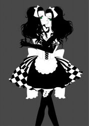 Rule 34 | 2girls, black dress, black hair, checkered clothes, checkered dress, conjoined, copyright request, dress, female focus, green eyes, greyscale, lolita fashion, monochrome, mossan, multiple girls, multiple heads, ribbon, simple background, spot color, white dress, white ribbon
