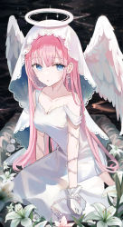 Rule 34 | 1girl, absurdres, bare shoulders, blue eyes, breasts, cleavage, commentary, dress, earrings, english commentary, feathered wings, flower, hair between eyes, halo, highres, iren lovel, jewelry, long hair, medium breasts, original, pink hair, revision, sleeveless, sleeveless dress, solo, strap slip, veil, very long hair, white dress, white flower, white wings, wings