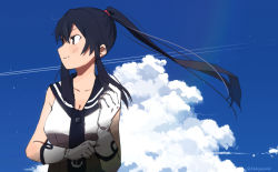 Rule 34 | 1girl, bad id, bad twitter id, black hair, black neckwear, black sailor collar, blue sky, cloud, commentary request, contrail, gloves, kakiyayoshi, kantai collection, long hair, looking to the side, one-hour drawing challenge, ponytail, profile, red eyes, sailor collar, sailor shirt, school uniform, serafuku, shirt, sidelocks, sky, sleeveless, sleeveless shirt, solo, white gloves, yahagi (kancolle)