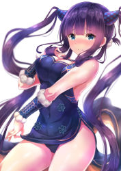 Rule 34 | 1girl, bare shoulders, blue dress, blue eyes, blunt bangs, blush, breasts, china dress, chinese clothes, cleavage, closed mouth, covered navel, detached sleeves, dress, fate/grand order, fate (series), hair ornament, highres, large breasts, long hair, looking at viewer, purple hair, sidelocks, simple background, solo, thighs, toenketsu, twintails, very long hair, white background, yang guifei (fate), yang guifei (second ascension) (fate)