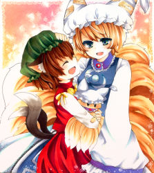 Rule 34 | 2girls, animal ears, anor, blonde hair, blush, bow, brown hair, cat ears, cat girl, cat tail, chen, doll, dress, closed eyes, fang, female focus, fox tail, green eyes, hand on head, hat, highres, millipen (medium), multiple girls, multiple tails, open mouth, pastel (medium), headpat, short hair, smile, tail, touhou, traditional media, yakumo ran