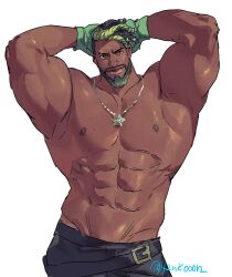 Rule 34 | 1boy, 42nkooon, abs, arms behind head, bara, beard, black hair, come hither, cowboy shot, dark-skinned male, dark skin, dreadlocks, earrings, facial hair, heartsteel k&#039;sante, jewelry, k&#039;sante (league of legends), large pectorals, league of legends, looking at viewer, male focus, mature male, muscular, muscular male, navel, necklace between pecs, nipples, official alternate costume, official alternate hairstyle, pectorals, seductive smile, short hair, smile, solo, stomach, strongman waist, thick arms, thick eyebrows, topless male, two-tone beard, very dark skin