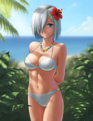 Rule 34 | 10s, 1girl, arms behind back, beach, bikini, blue eyes, blue sky, blurry, bokeh, branch, breasts, cleavage, cowboy shot, day, depth of field, eno ti deng, female focus, flower, hair flower, hair ornament, hair over one eye, hairclip, hamakaze (kancolle), hibiscus, highres, kantai collection, large breasts, light smile, looking at viewer, md5 mismatch, navel, outdoors, palm tree, short hair, silver hair, sky, solo, strap gap, swimsuit, tree, white bikini
