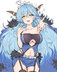 Rule 34 | 1girl, :d, ahoge, alternate costume, blue hair, blue skirt, blush, breasts, cleavage, clothing cutout, cowboy shot, dark persona, demon horns, fangs, flower, fur-trimmed skirt, fur trim, garter straps, hair between eyes, haoni, heart, heart ahoge, highres, hololive, horn ornament, horns, large breasts, light blue hair, long hair, looking at viewer, midriff, miniskirt, multicolored hair, multicolored nails, nail polish, navel, open mouth, outstretched arm, piercing, pointy ears, purple nails, side slit, skirt, smile, solo, streaked hair, thighs, tiara, underboob cutout, virtual youtuber, yellow eyes, yukihana lamy