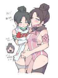 Rule 34 | &gt; &lt;, 2girls, adapted costume, animification, apex legends, backless leotard, black hair, black scarf, blue eyes, blush, dual persona, elbow gloves, fingerless gloves, gloves, hair bun, highres, leotard, looking at viewer, multiple girls, no pupils, nojima minami, pink leotard, quarantine 722 wraith, scarf, simple background, single hair bun, thigh strap, translation request, void specialist wraith, white gloves, white leotard, wraith (apex legends)