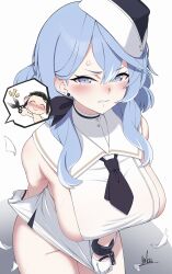 Rule 34 | 1boy, 1girl, ako (blue archive), anger vein, bare shoulders, blue archive, blue eyes, blue hair, blush, breasts, chibi, clenched teeth, cuffs, doodle sensei (blue archive), dress, garrison cap, gloves, hair between eyes, hair ribbon, halo, hat, highres, large breasts, long hair, looking at viewer, mku, ribbon, scissors, sensei (blue archive), shackles, sideboob, solo focus, tearing up, teeth, white dress, white gloves, white headwear