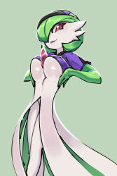 Rule 34 | 1girl, absurdres, azuuart, beanie, black hat, bob cut, breasts, breasts squeezed together, clothed pokemon, colored skin, creatures (company), crop top, female focus, game freak, gardevoir, gardevoir (purple unite), gen 3 pokemon, green background, green hair, green skin, hair over one eye, hands up, happy, hat, highres, looking at viewer, medium breasts, multicolored skin, nintendo, one eye covered, parted lips, pokemon, pokemon (creature), pokemon unite, purple shirt, red eyes, shiny skin, shirt, short hair, simple background, sketch, smile, solo, standing, two-tone skin, underboob, white skin