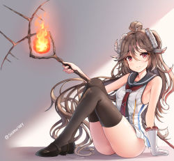 Rule 34 | 1girl, alternate costume, arknights, artist name, bare arms, bare shoulders, black footwear, black thighhighs, breasts, brown hair, commentary, eyjafjalla (arknights), fire, highres, holding, holding staff, horns, knees up, long hair, looking at viewer, mary janes, originium arts (arknights), red eyes, red neckwear, sheep horns, shoes, sitting, sleeveless, small breasts, smile, sob (submar1089), solo, staff, thighhighs, thighs, twitter username, very long hair