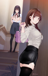 Rule 34 | 2girls, absurdres, artist name, bag, beige shirt, black hair, black legwear, black skirt, blue skirt, blush, breasts, brown eyes, brown hair, closed mouth, collared shirt, commentary request, dated, from side, handbag, highres, hitomi o, holding, holding bag, indoors, large breasts, looking at viewer, looking to the side, multiple girls, neck ribbon, nipples, no bra, no shoes, nose blush, original, pantyhose, partially unbuttoned, pencil skirt, pleated skirt, purple bag, red ribbon, ribbon, school uniform, shirt, shirt tucked in, skirt, stairs, straight hair, thighhighs, white shirt, zettai ryouiki