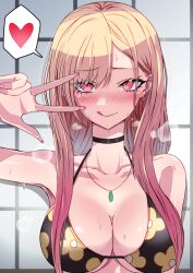 Rule 34 | 1girl, arm at side, arm up, armpits, bikini, blush, breasts, breath, check commentary, choker, cleavage, commentary, commentary request, ear piercing, earrings, eyelashes, fingernails, floral print, hand gesture, heart, highres, indoors, jewelry, kitagawa marin, large breasts, lips, looking at viewer, multicolored hair, nail polish, necklace, piercing, pink nails, red eyes, sono bisque doll wa koi wo suru, spoken heart, steam, sweat, swimsuit, tongue, tongue out, two-tone hair, upper body, window, yu ki ruta60