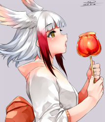 Rule 34 | 10s, 1girl, 2017, alternate costume, candy apple, dated, food, from side, grey background, happa (cloverppd), head wings, holding, japanese clothes, japanese crested ibis (kemono friends), kemono friends, kimono, long hair, multicolored clothes, multicolored legwear, open mouth, red hair, signature, skewer, solo, upper body, white hair, wings, yellow eyes, yukata