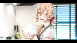 Rule 34 | 1girl, apron, blonde hair, blush, commentary request, food, hair between eyes, hair ornament, hair over shoulder, hair scrunchie, highres, holding, holding food, indoors, kitchen, letterboxed, long hair, looking at viewer, nijisanji, nui sociere, open mouth, ponytail, radish, scrunchie, shirt, smile, solo, t-shirt, teeth, upper body, vice (kuronekohadokoheiku), virtual youtuber, white shirt