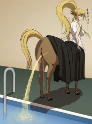 Rule 34 | 1girl, absurdres, animal ears, anus, blonde hair, breasts, censored, centaur, centorea shianus, english text, closed eyes, highres, horse ears, horse tail, large breasts, monster girl, monster musume no iru nichijou, peeing, ponytail, pool, pussy, shirt, standing, tail, tail raised, taur, white shirt
