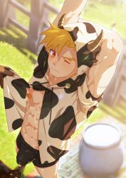 Rule 34 | &gt; o, 1boy, abs, absurdres, animal ears, animal print, arms behind back, arms up, bandaid, bandaids on nipples, blonde hair, boxer briefs, bulge, closed mouth, cow ears, cow horns, cow print, day, fake animal ears, fake horns, highres, hood, hood up, hoodie, horns, male focus, male lactation, male underwear, mane (omedemidori), nipples, one eye closed, open clothes, open hoodie, original, outdoors, pasties, red eyes, short hair, solo, toned, toned male, underwear