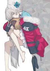 Rule 34 | 1girl, anastasia (fate), anastasia (shvibzik snow) (fate), barefoot, black thighhighs, blue eyes, blue sweater, brown hair, commentary request, crown, fate/grand order, fate (series), fingernails, fur-trimmed jacket, fur hat, fur trim, grey hair, hair between eyes, hat, jacket, knee up, long hair, long sleeves, looking at viewer, looking to the side, mini crown, niu illuminator, off shoulder, open clothes, open jacket, parted lips, pleated skirt, red jacket, sitting, skirt, sleeves past wrists, solo, sweater, thighhighs, unworn thighhighs, very long hair, white background, white hat, white skirt