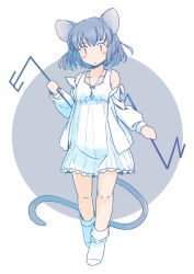 Rule 34 | 1girl, animal ears, blush, closed mouth, dowsing rod, dress, full body, grey hair, jacket, jewelry, mouse ears, mouse tail, nazrin, open clothes, open jacket, pendant, rangycrow, red eyes, short hair, socks, solo, tail, touhou, white dress, white jacket, white socks