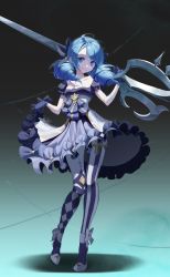 Rule 34 | 1girl, argyle, argyle clothes, argyle legwear, asymmetrical legwear, blue dress, blue eyes, blue gloves, blue hair, commentary request, dress, drill hair, full body, gloves, gwen (league of legends), hair ribbon, highres, holding, holding scissors, jeon-eo konoshiro, korean commentary, league of legends, long hair, mismatched legwear, pantyhose, parted lips, ribbon, scissors, shoes, short sleeves, skirt hold, smile, solo, standing, striped clothes, striped legwear, striped pantyhose, striped thighhighs, swept bangs, thighhighs, twin drills, twintails, vertical-striped clothes, vertical-striped pantyhose, vertical-striped thighhighs, white footwear