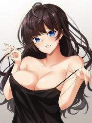 Rule 34 | 10s, 1girl, :d, ahoge, bad id, bad twitter id, bare arms, bare shoulders, black dress, blush, bokokichi (you), breasts, cleavage, collarbone, covered erect nipples, dress, earrings, gradient background, head tilt, ichinose shiki, idolmaster, idolmaster cinderella girls, jewelry, large breasts, long hair, looking at viewer, open mouth, parted lips, pulled by self, sleeveless, sleeveless dress, smile, solo, strap pull, stud earrings, teeth, undressing, upper body, wavy hair