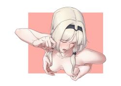 Rule 34 | 1girl, absurdres, an-94 (girls&#039; frontline), black hairband, blonde hair, blush, grabbing another&#039;s breast, breasts, closed eyes, collarbone, completely nude, emile aoi, girls&#039; frontline, grabbing, hairband, highres, medium breasts, nude, open mouth, parted bangs, sidelocks, simple background, solo, upper body