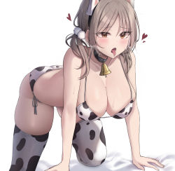 Rule 34 | 1girl, absurdres, all fours, animal print, ass, bell, bikini, black collar, blue archive, breasts, brown eyes, brown hair, cleavage, collar, cow print, cowbell, heart, highres, large breasts, medium hair, moe (blue archive), neck bell, open mouth, poko (poko), print thighhighs, saliva, short twintails, side-tie bikini bottom, simple background, solo, sweat, swimsuit, thighhighs, thighs, tongue, tongue out, twintails, white background, white bikini, white thighhighs