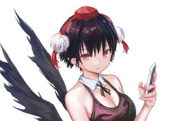 Rule 34 | 1girl, alternate costume, alternate hair length, alternate hairstyle, bare shoulders, black hair, black ribbon, black wings, blush, breasts, camisole, cellphone, cleavage, commentary request, contemporary, detached collar, feathered wings, hand up, hat, holding, holding phone, large breasts, looking at viewer, neck ribbon, phone, pointy ears, pom pom (clothes), red eyes, ribbon, roke (taikodon), shameimaru aya, short hair, simple background, smartphone, solo, tassel, tokin hat, touhou, upper body, white background, wings