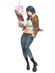Rule 34 | 1girl, abs, black hair, book, boots, brown eyes, covered erect nipples, denim, f.s., impossible clothes, jeans, looking at viewer, original, pants, short hair, solo, tight clothes