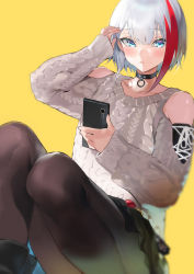 Rule 34 | 1girl, admiral graf spee (azur lane), admiral graf spee (daily peaceful life) (azur lane), admiral graf spee (peaceful daily life) (azur lane), azur lane, black choker, black pantyhose, black skirt, blue eyes, cellphone, choker, closed mouth, clothing cutout, holding, holding phone, ikuchan kaoru, looking at viewer, multicolored hair, official alternate costume, pantyhose, phone, red hair, shoulder cutout, silver hair, simple background, sitting, skirt, solo, streaked hair, sweater, white sweater, yellow background
