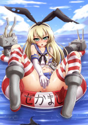 Rule 34 | &gt; &lt;, 10s, 1girl, :&lt;, :3, = =, absurdres, angry, blonde hair, broken, chestnut mouth, closed eyes, cloud, covering crotch, covering privates, day, green eyes, hair ribbon, highres, kantai collection, lifebuoy, long hair, lying, mazume, no panties, ocean, on back, open mouth, panties, rensouhou-chan, ribbon, sailor, sailor collar, school uniform, serafuku, shimakaze (kancolle), sky, spread legs, striped clothes, striped thighhighs, swim ring, thighhighs, torn clothes, torn legwear, triangle mouth, underwear, unworn panties, wet