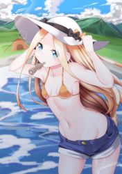 Rule 34 | 1girl, abigail williams (fate), arms up, bare shoulders, bikini, black bow, blonde hair, blue eyes, blue shorts, blue sky, bow, breasts, closed mouth, collarbone, denim, denim shorts, fate/grand order, fate (series), forehead, hand on own hip, hat, highres, index finger raised, lake, long hair, mouth hold, multiple bows, navel, orange bikini, orange bow, parted bangs, shinonome halltro, short shorts, shorts, sky, small breasts, sun hat, swimsuit, thighs, wading, water, wet, white hat