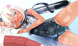 Rule 34 | 10s, 1girl, arm up, blue eyes, blush, commentary request, crop top, flower, hair flower, hair ornament, ichio, innertube, kantai collection, leg up, long hair, lotion, lying, no pants, on side, one-piece swimsuit, one eye closed, open mouth, reflective floor, ro-500 (kancolle), school swimsuit, school uniform, serafuku, shiny clothes, silver hair, slimy, solo, spread legs, swim ring, swimsuit, torpedo