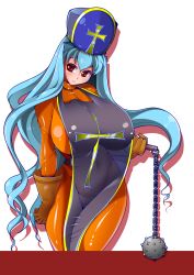 Rule 34 | 1girl, amano taiki, apron, blue hair, bodysuit, breasts, brown eyes, chunsoft, collarbone, covered erect nipples, curvy, dragon quest, dragon quest iii, enix, female focus, flail, gloves, groin, happy, hat, highres, hip focus, huge breasts, large areolae, latex, latex suit, legs, long hair, morning star, nipples, priest (dq3), pussy, red eyes, shiny skin, shoes, smile, solo, square enix, very long hair, weapon, wide hips