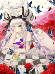 Rule 34 | 1girl, bad id, bad pixiv id, bare arms, bare shoulders, blue eyes, blue flower, blurry, blush, breasts, bug, butterfly, checkered floor, closed mouth, commentary, cup, depth of field, dress, falling petals, fate/grand order, fate (series), flower, frilled hat, frills, gem, hair flower, hair ornament, hat, hat ribbon, head rest, highres, insect, large breasts, light particles, long hair, looking at viewer, lying, marie antoinette (fate), mellozzo, on floor, on side, petals, pink flower, purple flower, red flower, red rose, ribbon, rose, rose petals, saucer, sidelocks, silver hair, sleeveless, sleeveless dress, smile, solo, tea, teacup, twintails, very long hair, white dress, white hat, white ribbon