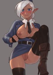 Rule 34 | 1girl, :q, aliya (psychofox), artist name, belt, black bra, black gloves, black necktie, black thighhighs, blue eyes, blush, boots, bra, bra pull, breasts, brown footwear, censored, cleft of venus, clothes pull, commentary, commission, dark-skinned female, dark elf, dark skin, elf, fingerless gloves, gloves, grey background, hat, high heel boots, high heels, highres, knee boots, knee up, long hair, long sleeves, looking at viewer, medium breasts, mosaic censoring, necktie, nipples, no panties, open clothes, original, pointy ears, simple background, smile, solo, sunna (nilsunna), thighhighs, tongue, tongue out, underwear, white hair