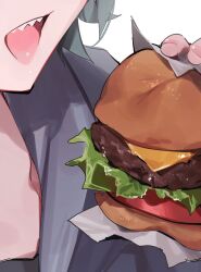 Rule 34 | 1other, bad id, bad twitter id, bread bun, burger, cheese, food, food focus, grey hair, highres, holding burger, lettuce, meat, monosucre, open mouth, original, sharp teeth, simple background, solo, teeth, tomato, tomato slice, white background