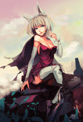 Rule 34 | 1girl, animal ears, bad id, bad tumblr id, bare shoulders, blue eyes, breasts, cape, character request, cleavage, detached sleeves, dress, fox ears, head tilt, highres, long hair, medium breasts, red dress, red skirt, sitting, skirt, softmode, solo focus, strap slip, thighhighs, white hair, white thighhighs