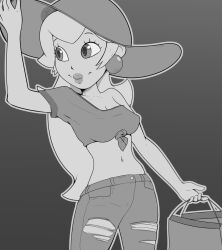 Rule 34 | 1girl, adjusting clothes, adjusting headwear, alternate costume, arm at side, arm up, bag, breasts, cleavage, closed mouth, collarbone, cowboy shot, crop top, denim, earrings, female focus, gradient background, grey background, grey outline, greyscale, hair flaps, happy, hat, highres, holding, holding bag, jeans, jewelry, lips, long hair, looking to the side, mario (series), medium breasts, midriff, monochrome, navel, nintendo, no bra, pants, paper bag, pocket, princess peach, shirt, shopping bag, short sleeves, sidelocks, simple background, single bare shoulder, single sleeve, sketch, smile, solo, split mouth, standing, stomach, sun hat, throat (artist), tied shirt, torn clothes, torn pants