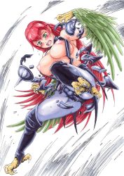 Rule 34 | 1girl, armor, bird girl, blue hair, blush, breasts, broken armor, claws, duel monster, feathers, harpie lady, harpy, large areolae, large breasts, monster girl, nipples, pink hair, surprised, teppouzuruzuru, wings, yu-gi-oh!, yu-gi-oh! duel monsters