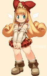 Rule 34 | 1girl, bare legs, blonde hair, blush, brown footwear, closed mouth, copyright name, curly hair, detached sleeves, earrings, full body, green eyes, hat, jewelry, kururu (little princess), little princess, long hair, looking at viewer, marl kingdom, red hat, red skirt, ribbed sweater, shoes, simple background, skirt, smile, solo, standing, sweater, v arms, yellow background, yu 3