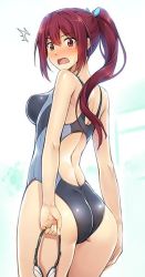 Rule 34 | ^^^, 10s, 1girl, ass, back, blush, breasts, competition swimsuit, d:, free!, from behind, goggles, jpeg artifacts, looking at viewer, looking back, matsuoka gou, one-piece swimsuit, open mouth, ponytail, red eyes, red hair, solo, surprised, swimsuit, yanagi (tsukiakari)