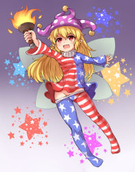 Rule 34 | 1girl, american flag dress, american flag legwear, blonde hair, clothes pull, clownpiece, dress, fire, full body, gradient background, hair between eyes, hat, highres, jester cap, long hair, long sleeves, neck ruff, no panties, open mouth, pantyhose, pantyhose pull, pointy ears, polka dot, print pantyhose, purple background, purple hat, red eyes, revision, solo, star (symbol), star print, striped clothes, striped dress, teeth, torch, touhou, yangshangshu