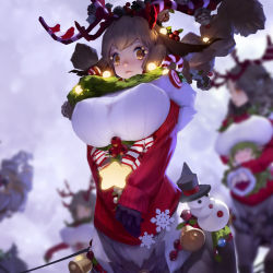 Rule 34 | 6+girls, acorn, animal ears, antlers, b.bor, ball, bell, black gloves, blunt bangs, blurry, blurry background, bottomless, braid, breasts, brown eyes, brown gloves, candy, candy cane, centauroid, christmas, christmas ornaments, christmas wreath, close-up, closed mouth, cowboy shot, deer ears, doll, floating hair, flying, food, framed breasts, full moon, gloves, green hair, hair ornament, highres, horn ornament, horns, huge breasts, large breasts, lipgloss, long hair, looking at viewer, moon, multiple girls, orange eyes, orb, original, pulling, red sweater, reindeer girl, reins, ribbed sweater, santa costume, sleigh, snowflakes, snowman, solo focus, star (symbol), striped horns, sweater, taur, twin braids, uniform, wreath