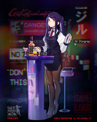 Rule 34 | 1girl, text background, bar stool, bartender, black footwear, black pantyhose, blurry, blurry background, blush, breasts, character name, chromatic aberration, cocktail, cocktail glass, collared shirt, copyright name, crossed legs, cup, drinking glass, expressionless, full body, girls&#039; frontline, high heels, high ponytail, highres, holding, holding shaker, holding spoon, jack daniel&#039;s, jill stingray, logo, long hair, long sleeves, looking at viewer, medium breasts, miniskirt, necktie, official art, pantyhose, parted bangs, pencil skirt, puffy sleeves, purple hair, purple skirt, purple vest, red eyes, red necktie, shirt, sidelocks, skirt, solo, spoon, standing, stool, swept bangs, table, twintails, va-11 hall-a, vest, watson cross, white shirt, xiao chichi