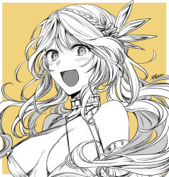 Rule 34 | 1girl, andromeda (fate), andromeda (first ascension) (fate), braid, breasts, crown braid, dated, fate/grand order, fate (series), greyscale with colored background, large breasts, long hair, open mouth, portrait, signature, smile, yellow background, yuuzuki230