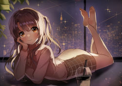 Rule 34 | 1girl, absurdres, barefoot, blush, brown hair, cup, dayoon (htrc7254), disposable cup, hand on own cheek, hand on own face, head rest, highres, idolmaster, idolmaster cinderella girls, idolmaster cinderella girls starlight stage, looking at viewer, lying, night, night sky, on stomach, one side up, plaid, plaid skirt, shimamura uzuki, skirt, sky, smile, solo, wavy hair, window